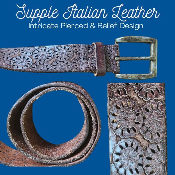 Suzi Roher Leather Belt, Dark Brown Pierced Italian Leather, Etched Brass Buckle main image 10